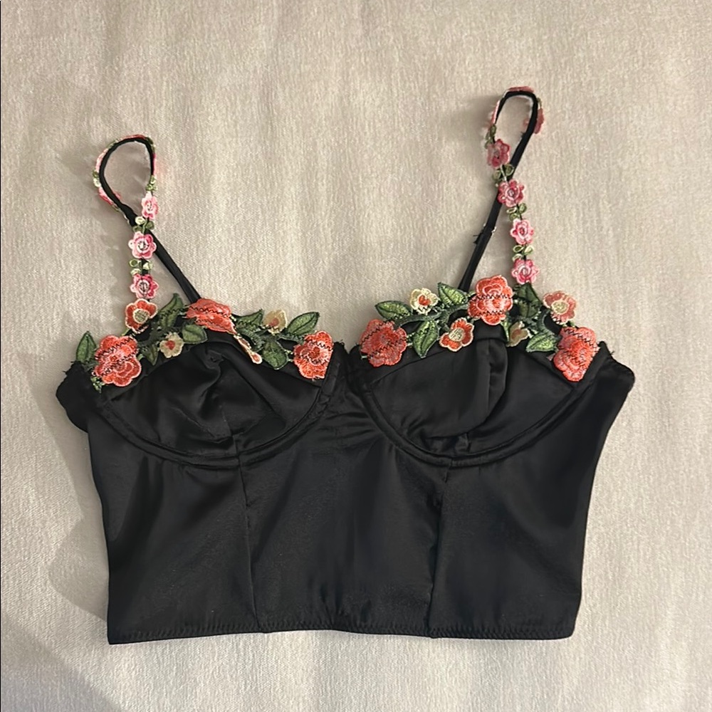 SHEIN Black Bustier with Floral Embroidery